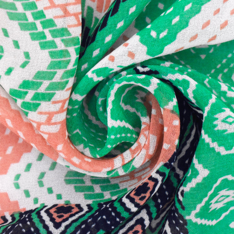 Coral Orange-Green-Multi Chevron Patch Printed Chiffon Woven Fabric