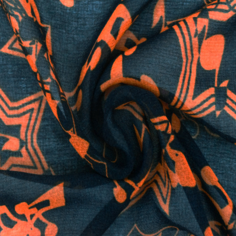 Darkest Blue-Orange Star Music Printed Poly Chiffon Woven Fabric