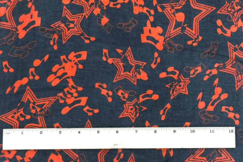 Darkest Blue-Orange Star Music Printed Poly Chiffon Woven Fabric