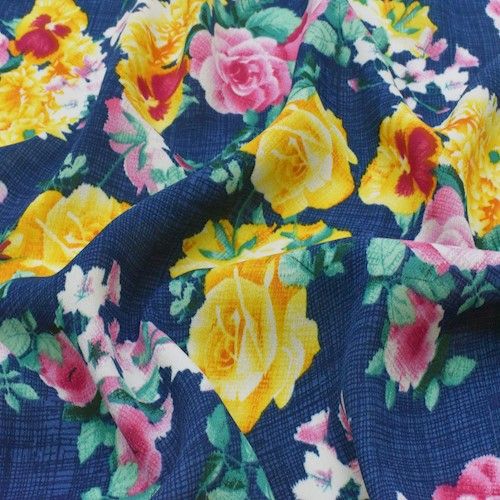 Ink Blue/Multi Floral Print Momie/Dobby Crepe Woven Fabric