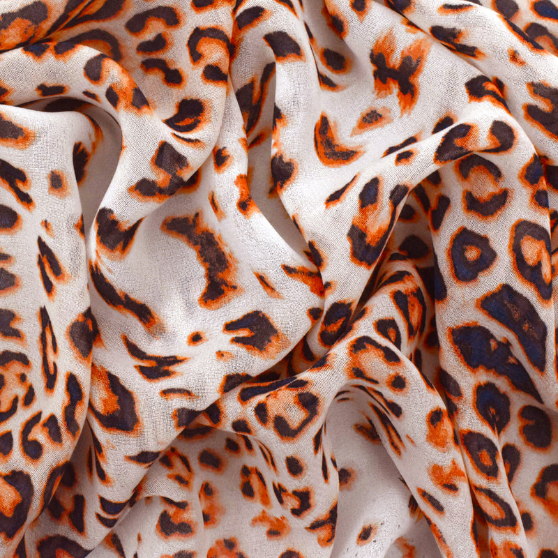 Burnt Orange-Navy-Ivory Leopard Printed Poly Chiffon Woven Fabric