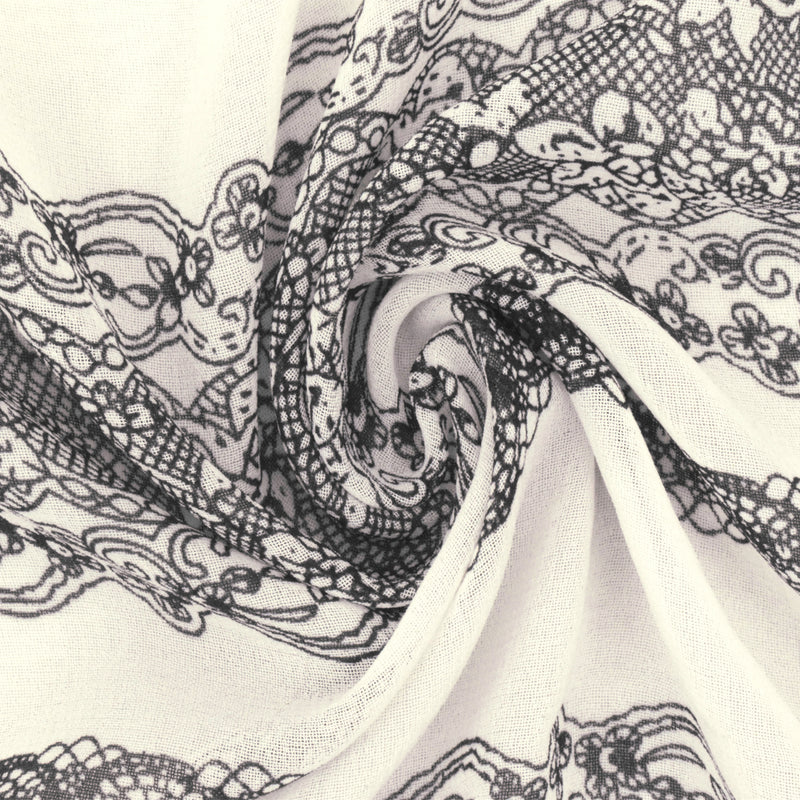Ivory-Black Lace Stripe Printed Poly Chiffon Woven Fabric