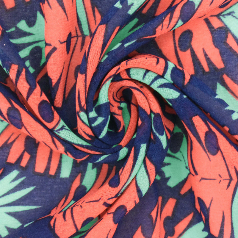 Ink Blue-Orange-Teal Leaves Printed Poly Chiffon Woven Fabric