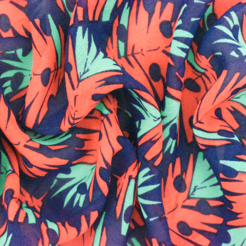 Ink Blue-Orange-Teal Leaves Printed Poly Chiffon Woven Fabric