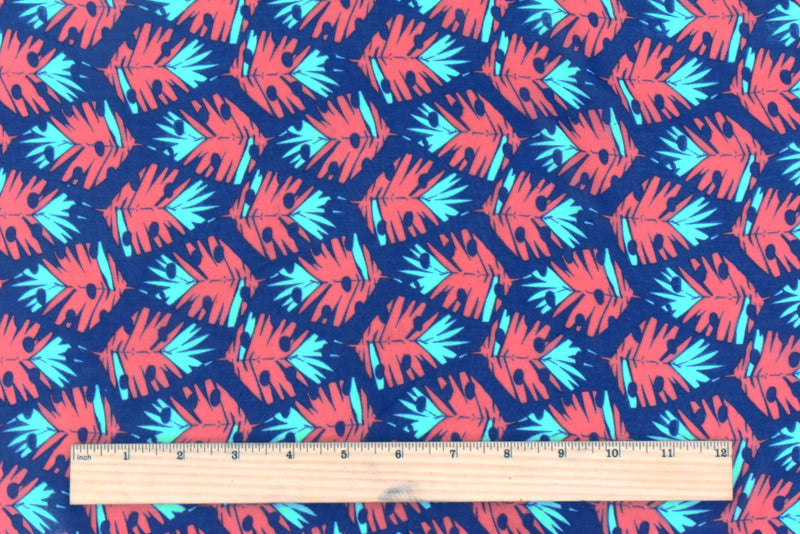 Ink Blue-Orange-Teal Leaves Printed Poly Chiffon Woven Fabric