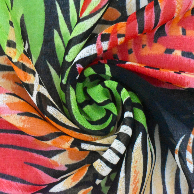 1 1/4 YD PC-Classic Black-Green-Multi Palm Leaves Printed Poly Chiffon Woven Fabric