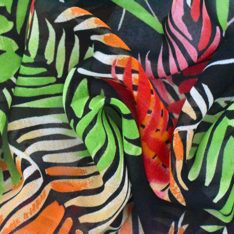 1 1/4 YD PC-Classic Black-Green-Multi Palm Leaves Printed Poly Chiffon Woven Fabric