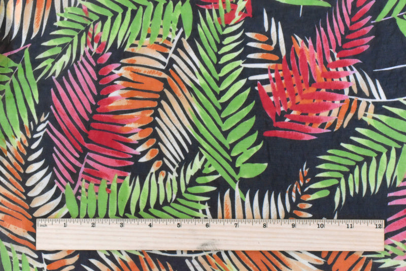 1 1/4 YD PC-Classic Black-Green-Multi Palm Leaves Printed Poly Chiffon Woven Fabric