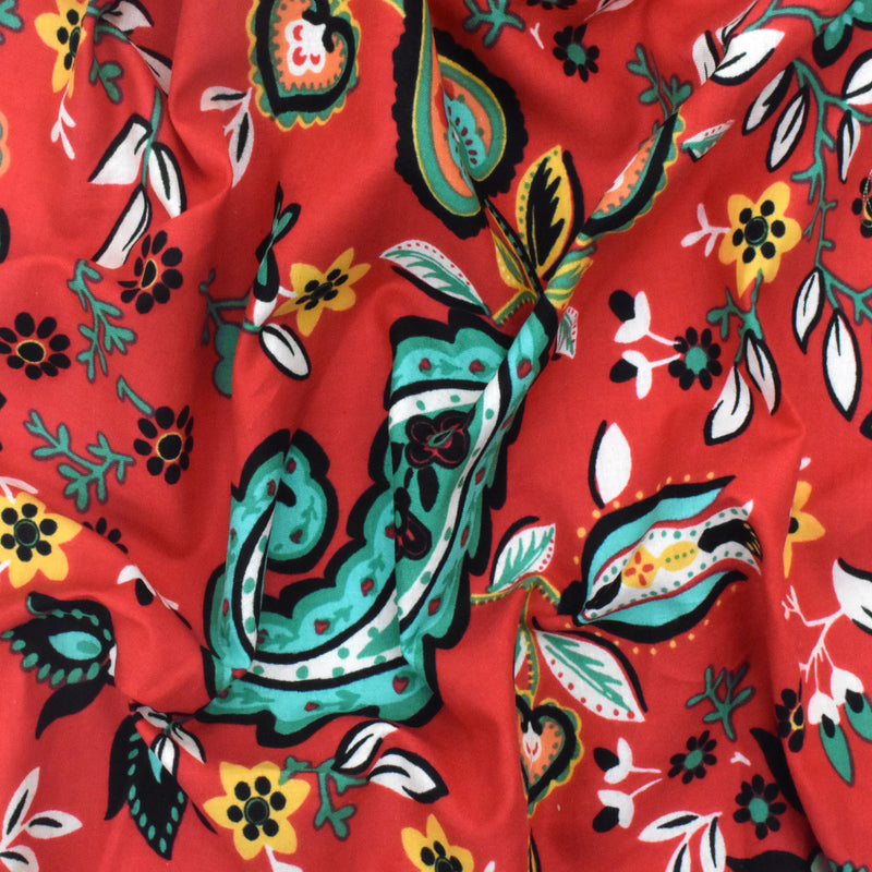 Red-Teal-Multi Cotton Floral Printed Batiste Woven Fabric