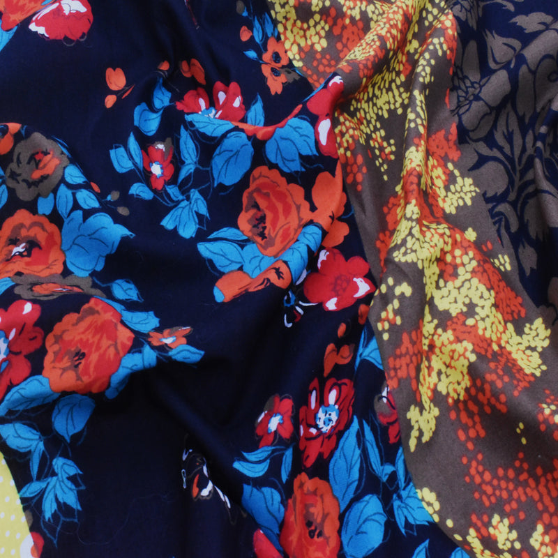 Black-Orange-Multi Floral Stripe Printed Batiste Fabric