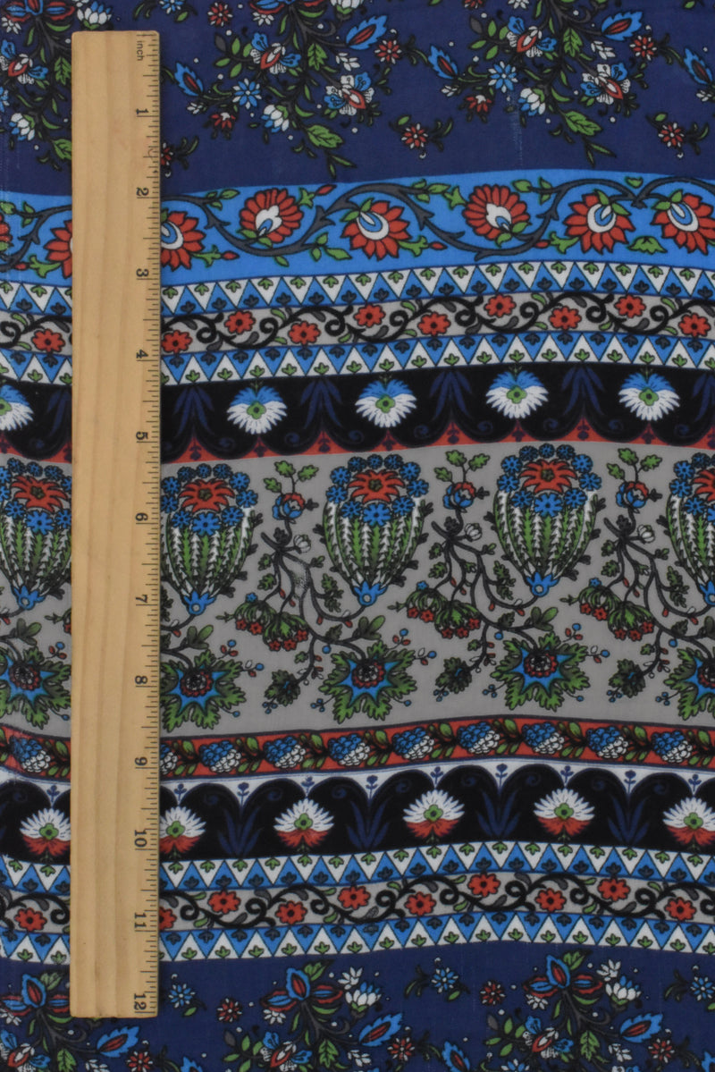 Navy-Green-Multi Floral Stripe Printed Challis Woven Fabric