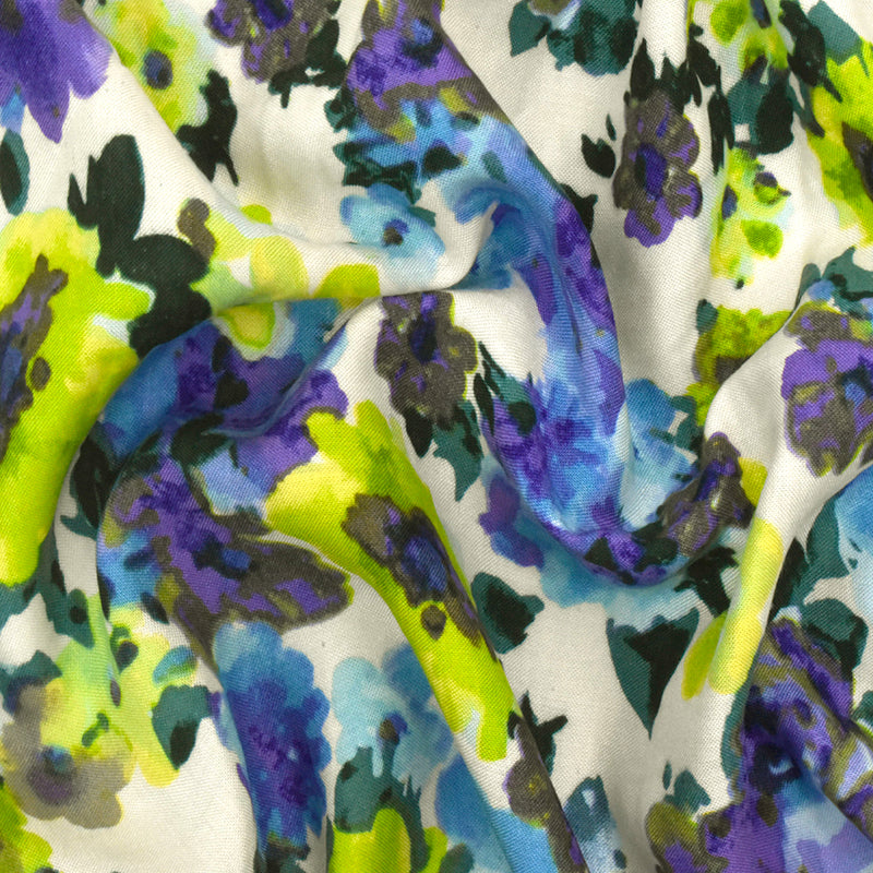 Teal-Lime-Multi Floral Border Printed Challis Fabric