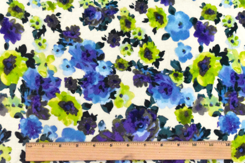 Teal-Lime-Multi Floral Border Printed Challis Fabric