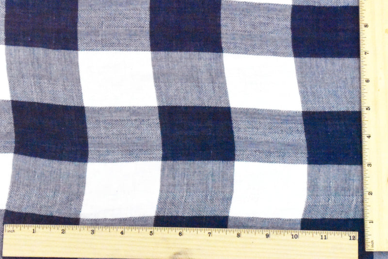 Navy Blue-Basic White Check Double Weave Gauze Woven Fabric