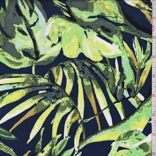 Green/Blue Leaves Printed Rayon Challis Fabric
