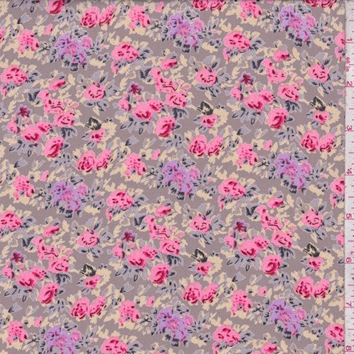 Ecru Beige/Pink Multi Floral Printed Crepe Faille Fabric