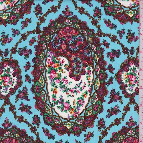 Sweet Blue/Multi Pendant Trellis Printed Crepe Faille Fabric