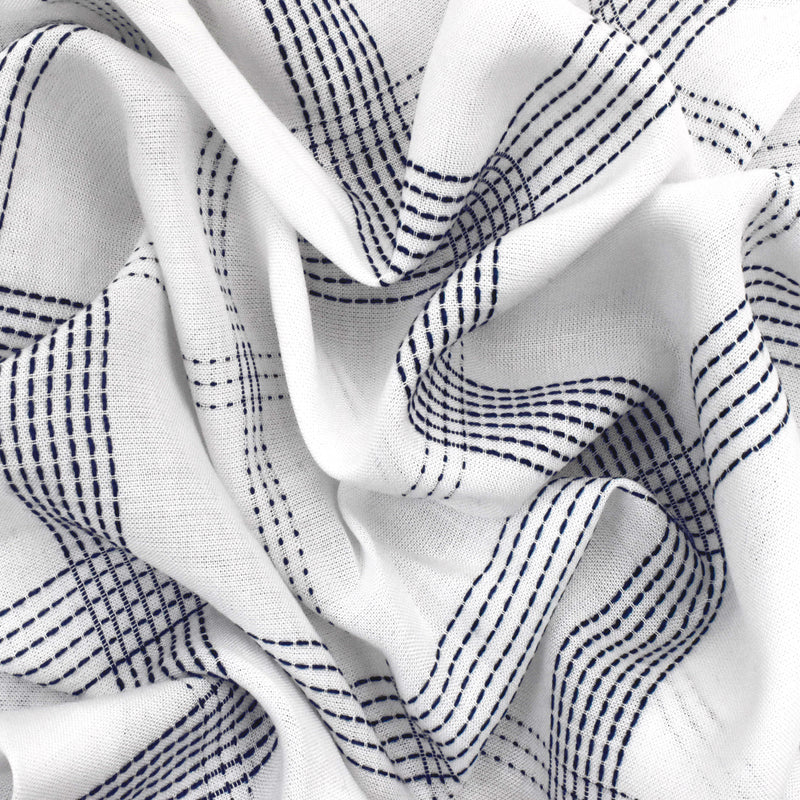 Deep Blue-White Rayon Blend Stitched Plaid Lawn Fabric