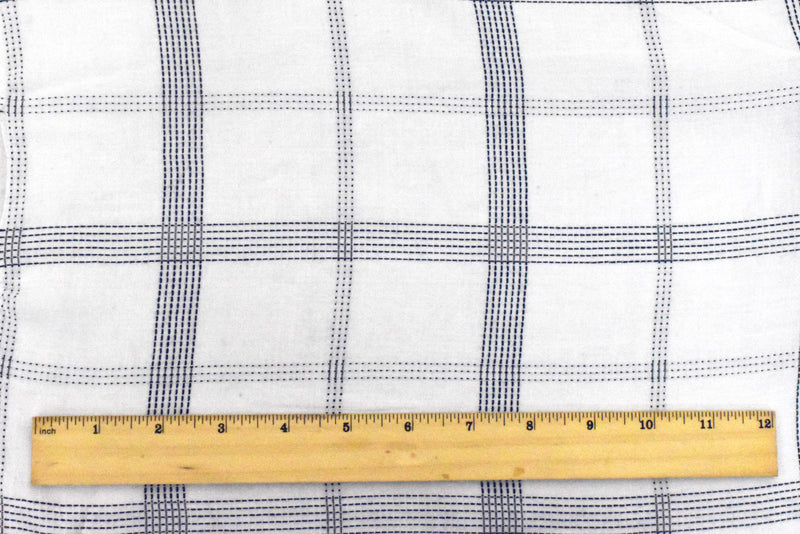 Deep Blue-White Rayon Blend Stitched Plaid Lawn Fabric