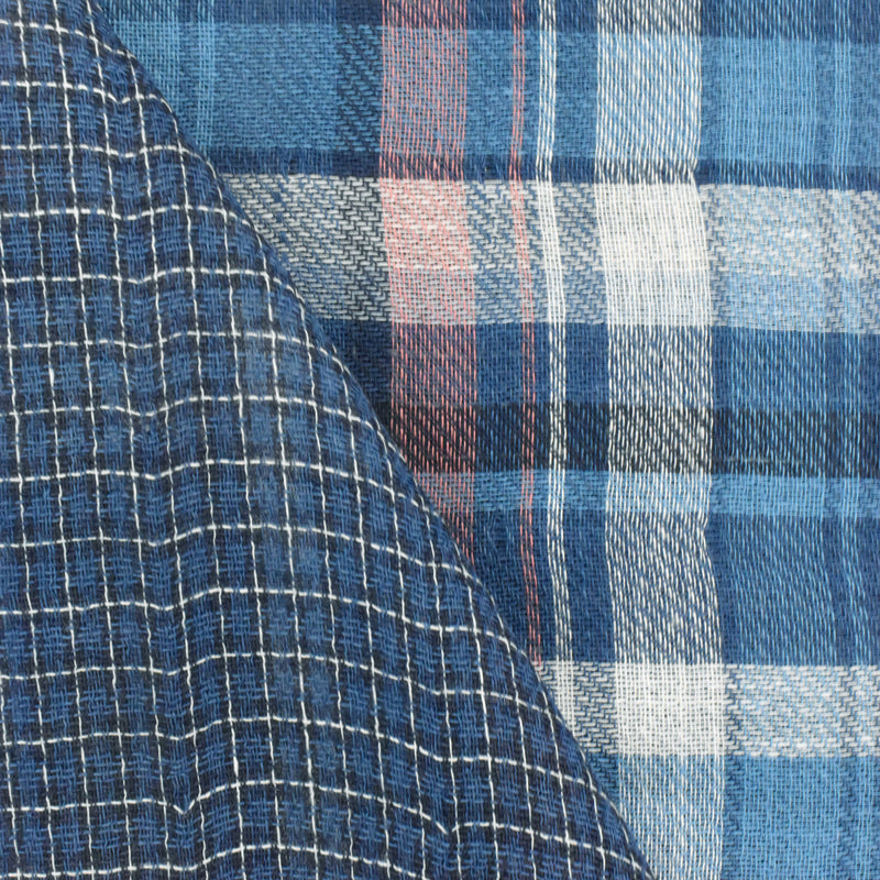 Tropical Pink-Blue Multi Plaid Grid Double Woven Voile Fabric