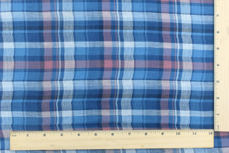 Tropical Pink-Blue Multi Plaid Grid Double Woven Voile Fabric