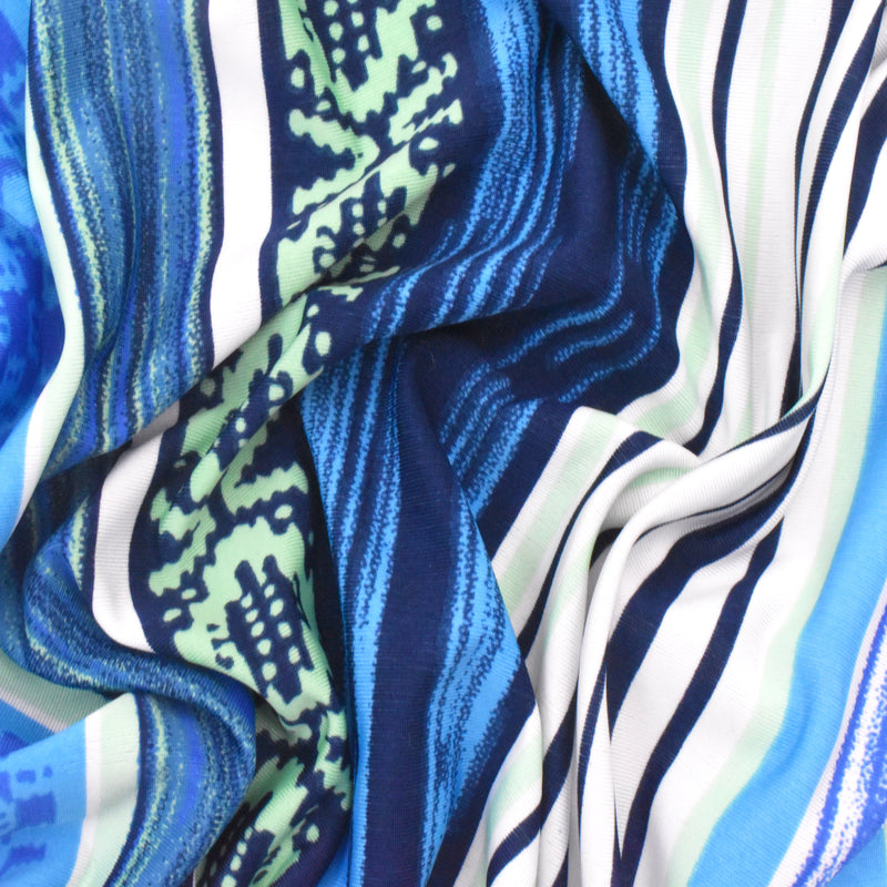 3 YD PC-Deep Ink Blue-Multi Stripe Aztec Printed Stretch Activewear Knit Fabric