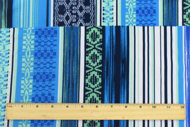 3 YD PC-Deep Ink Blue-Multi Stripe Aztec Printed Stretch Activewear Knit Fabric