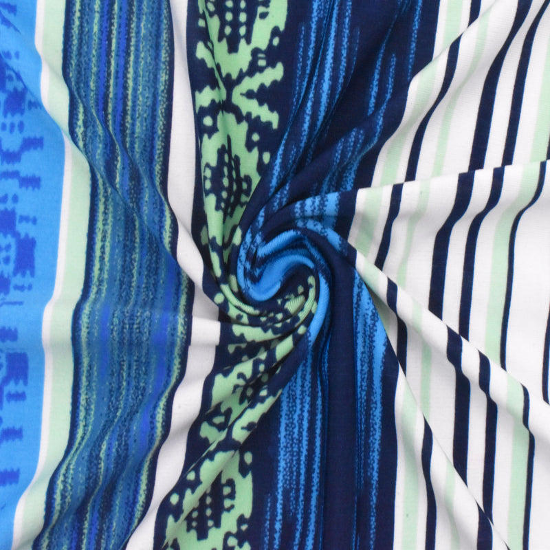 3 YD PC-Deep Ink Blue-Multi Stripe Aztec Printed Stretch Activewear Knit Fabric