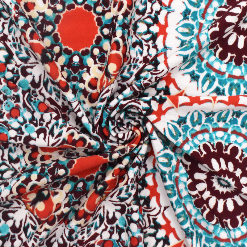 3 YD PC-Basic White-Red-Multi Medallion Printed Stretch Activewear Knit Fabric