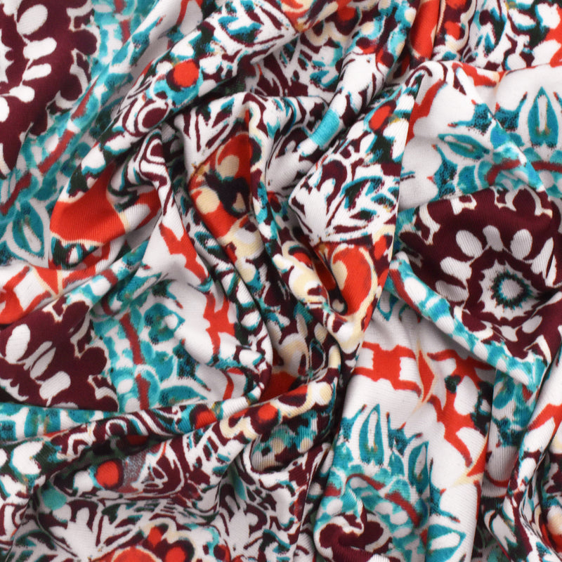 3 YD PC-Basic White-Red-Multi Medallion Printed Stretch Activewear Knit Fabric