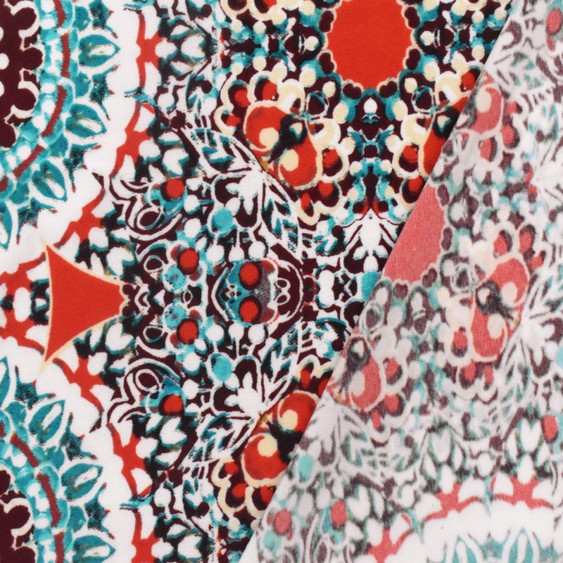 3 YD PC-Basic White-Red-Multi Medallion Printed Stretch Activewear Knit Fabric