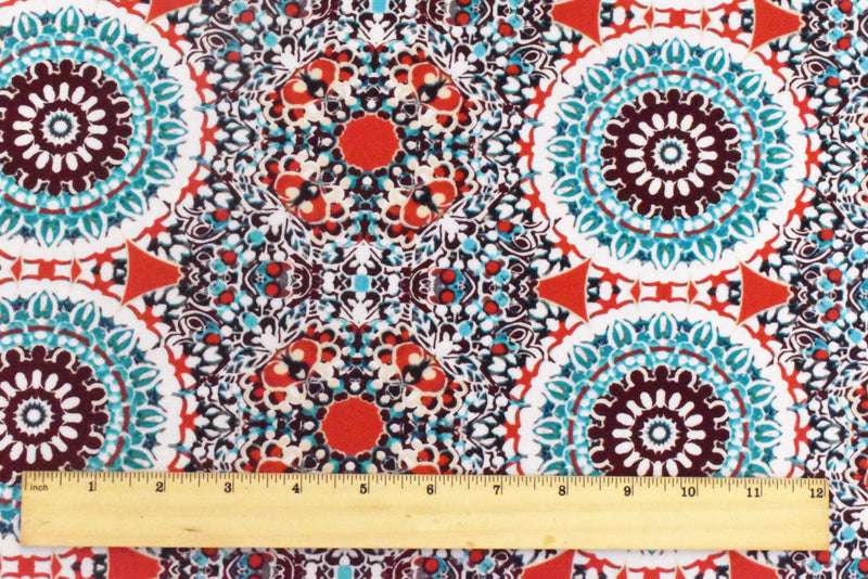 3 YD PC-Basic White-Red-Multi Medallion Printed Stretch Activewear Knit Fabric