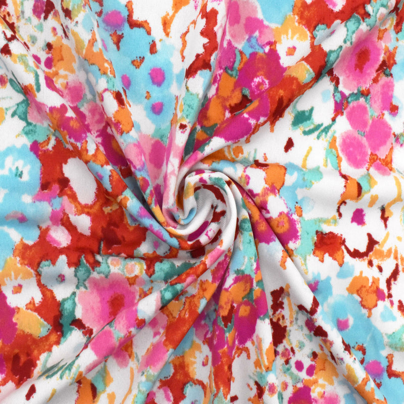Party Pink-Soft Blue-Multi Floral Printed Stretch Activewear Knit Fabric