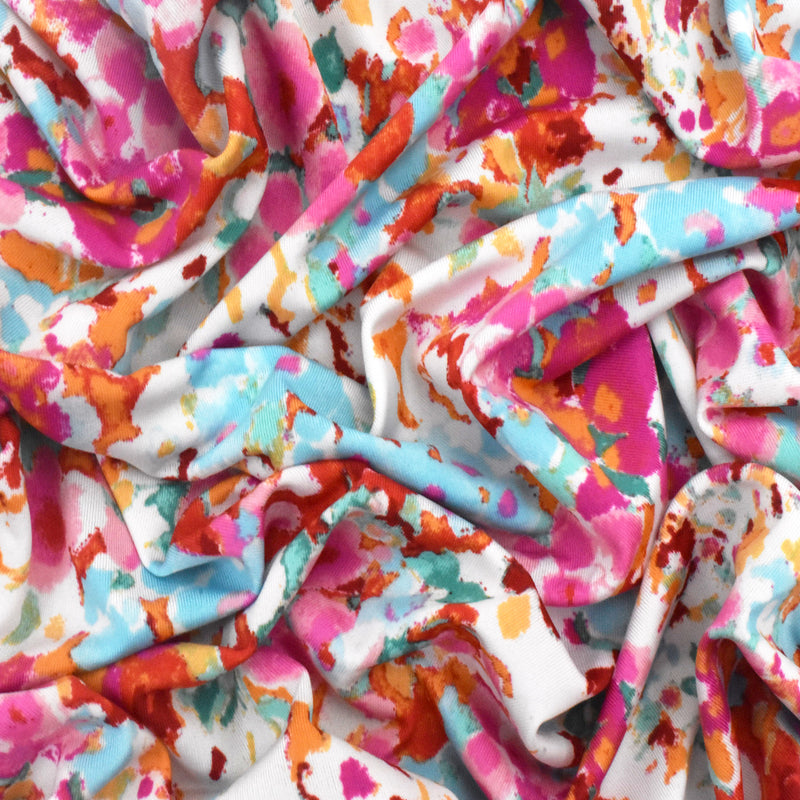Party Pink-Soft Blue-Multi Floral Printed Stretch Activewear Knit Fabric