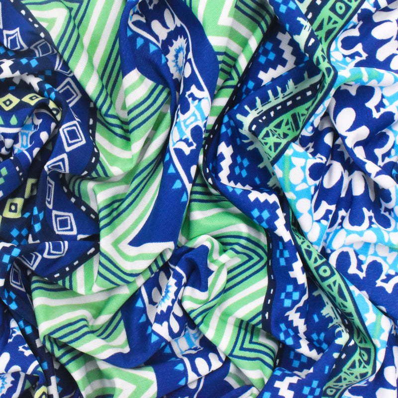 Blue-Green-Multi Medallion Chevron Printed Stretch Activewear Knit Fabric