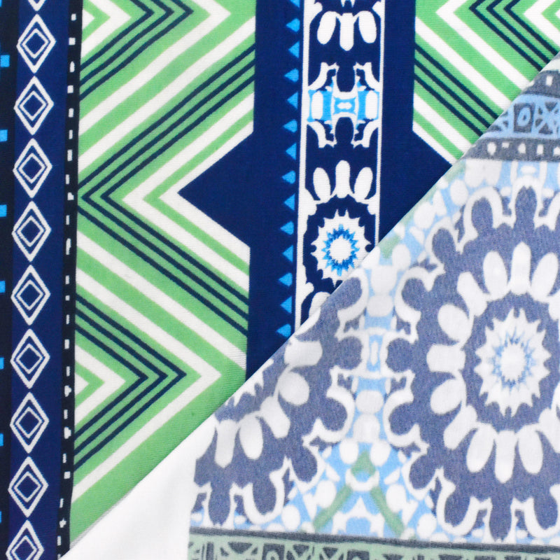 Blue-Green-Multi Medallion Chevron Printed Stretch Activewear Knit Fabric