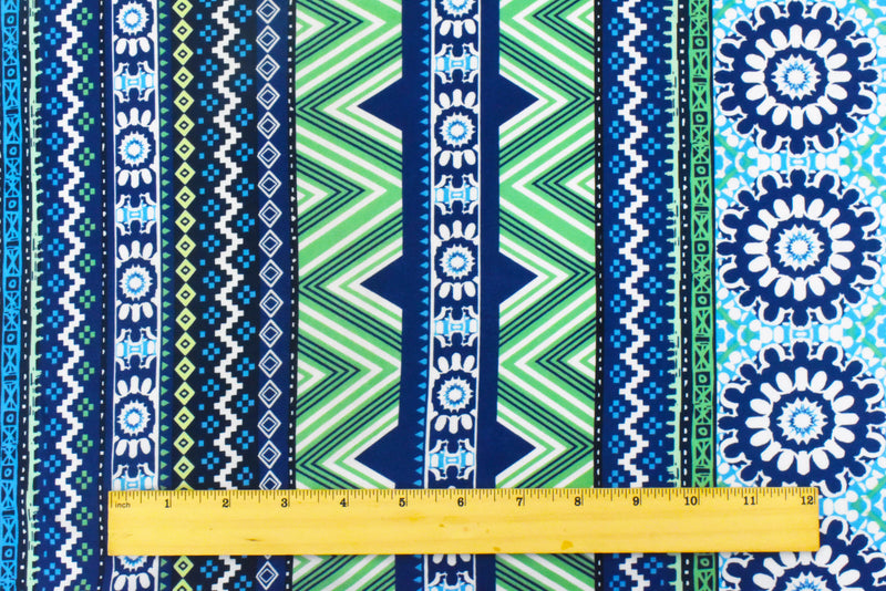 Blue-Green-Multi Medallion Chevron Printed Stretch Activewear Knit Fabric
