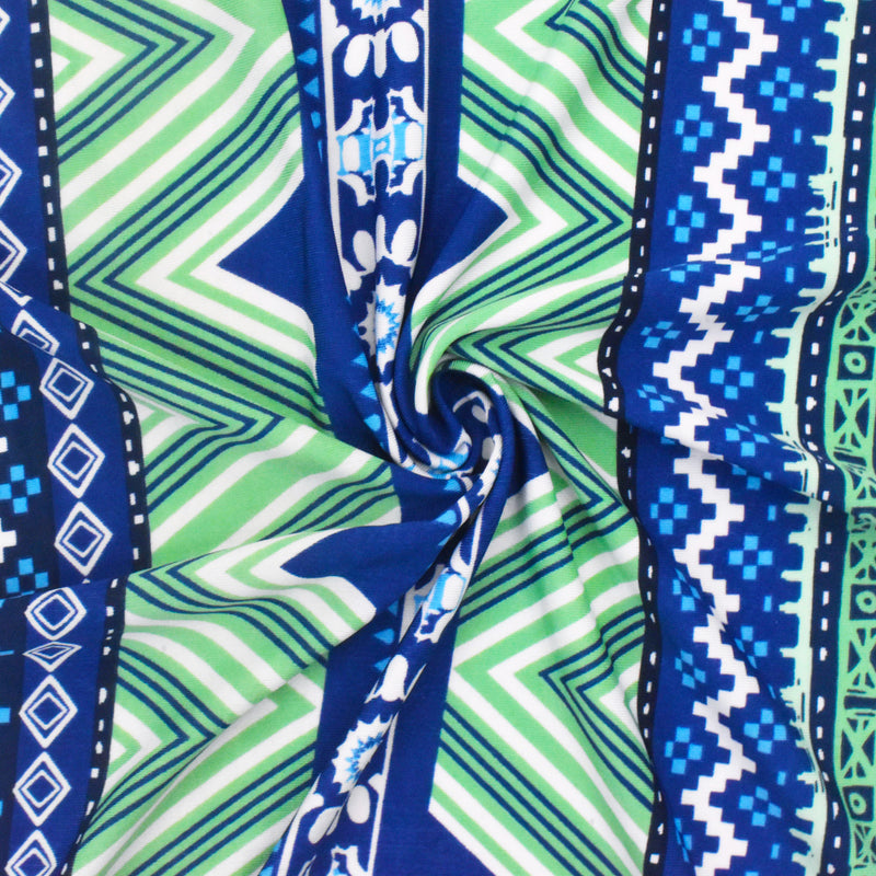 Blue-Green-Multi Medallion Chevron Printed Stretch Activewear Knit Fabric