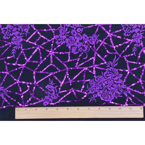 Purple/Black Embroidered Floral Sequined Knit Fabric