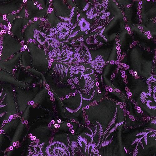 Purple/Black Embroidered Floral Sequined Knit Fabric