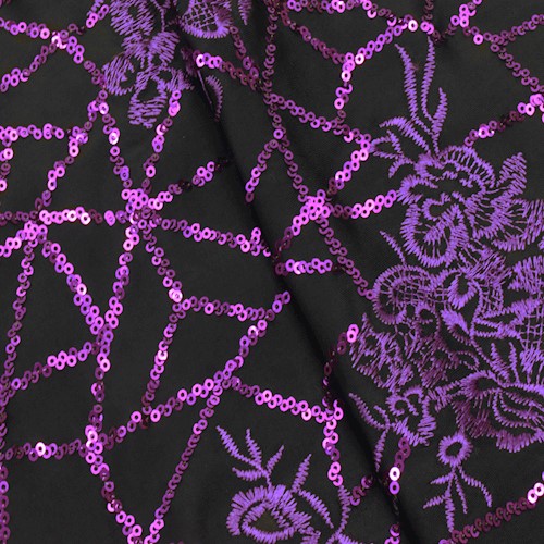 Purple/Black Embroidered Floral Sequined Knit Fabric