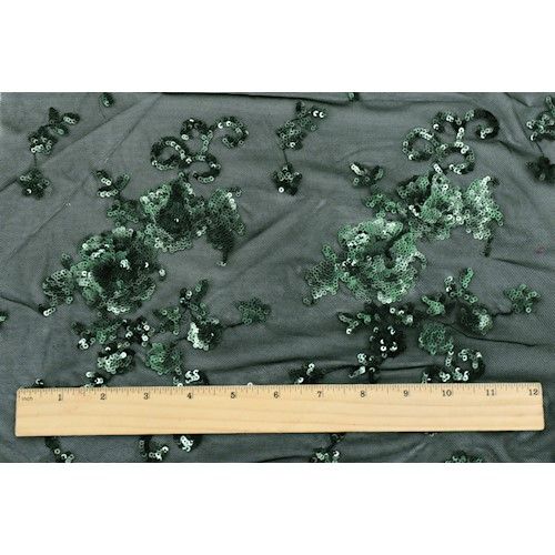 1 1/2 YD PC-Black/Deep Green Floral Sequined Stretch Mesh Fabric