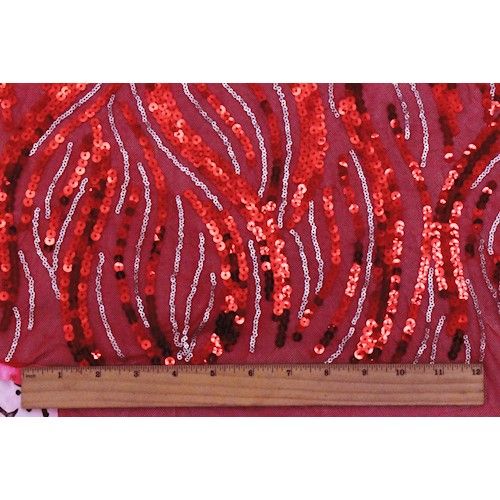 Red/Silver Wave Line Sequined Mesh Knit Fabric