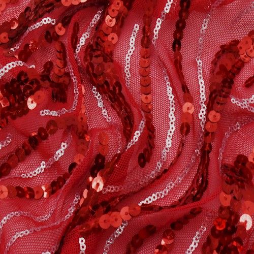 Red/Silver Wave Line Sequined Mesh Knit Fabric