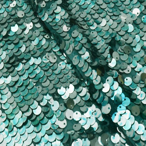 1 1/2 YD PC-Mermaid Teal/Silver Sheer Sequined Stretch Mesh Fabric
