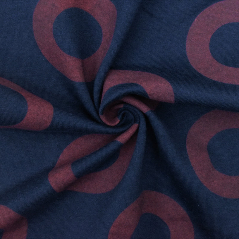 4 YD PC-Deep Ocean Blue-Maroon Circle Printed Stretch French Terry Knit Fabric