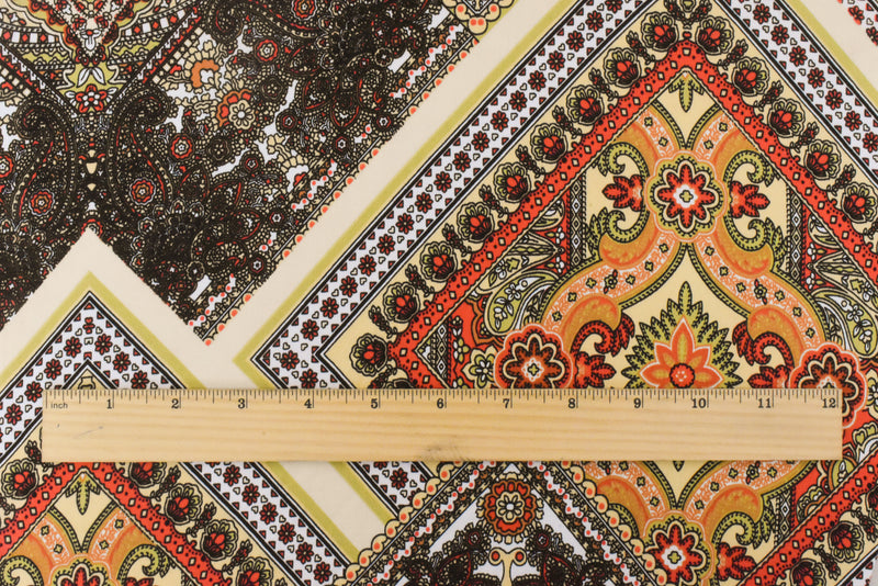 4 YD PC-Beige-Orange-Multi Bandana Printed Stretch Poly ITY Knit Fabric