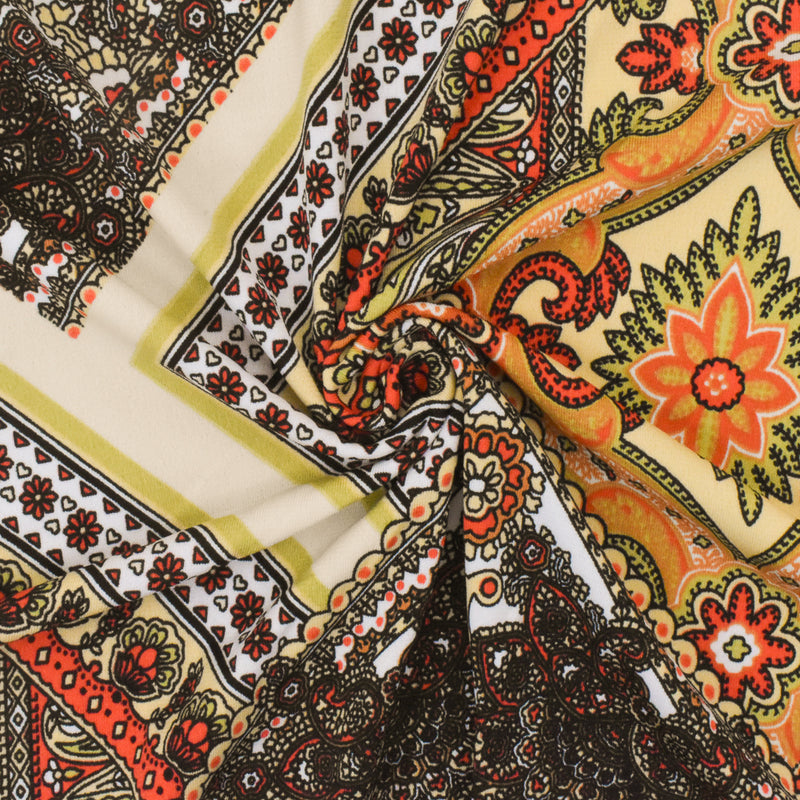 4 YD PC-Beige-Orange-Multi Bandana Printed Stretch Poly ITY Knit Fabric