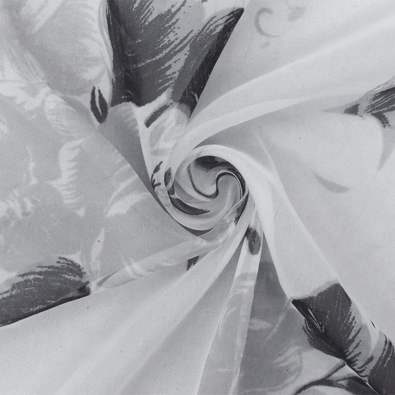 Ink Black-White Floral Printed Poly Chiffon Woven Fabric