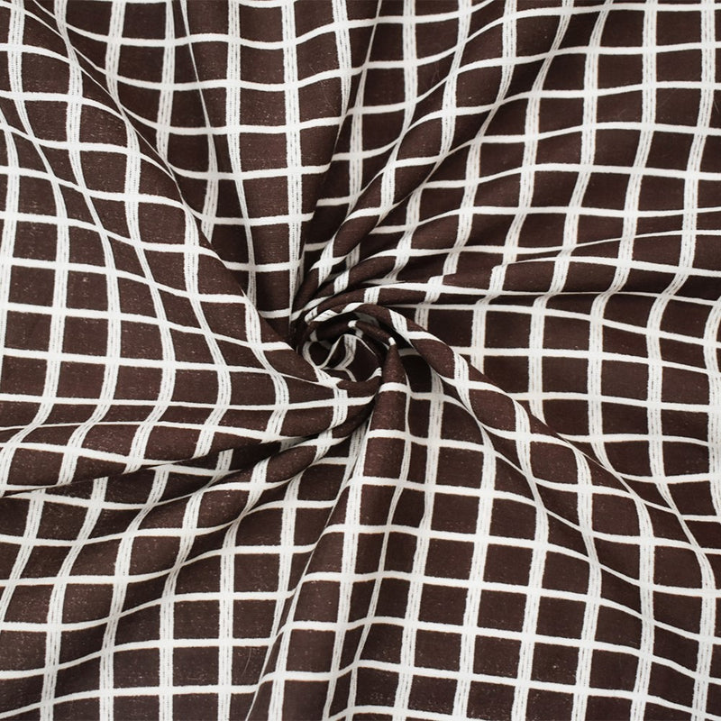 Brown-White Rayon Check Grid Printed Batiste Woven Fabric